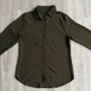 Olive Green Women's Button-Up Long Sleeve Collar Top